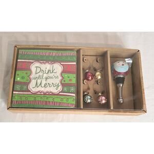 LS Arts, Inc. Drink Until You're Merry Wine Stopper Glass Charms Napkin Set New